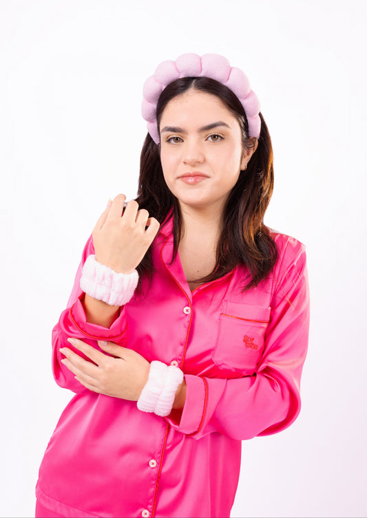 SET VINCHA Y MUÑEQUERAS DE ALGODÓN - ROSADO